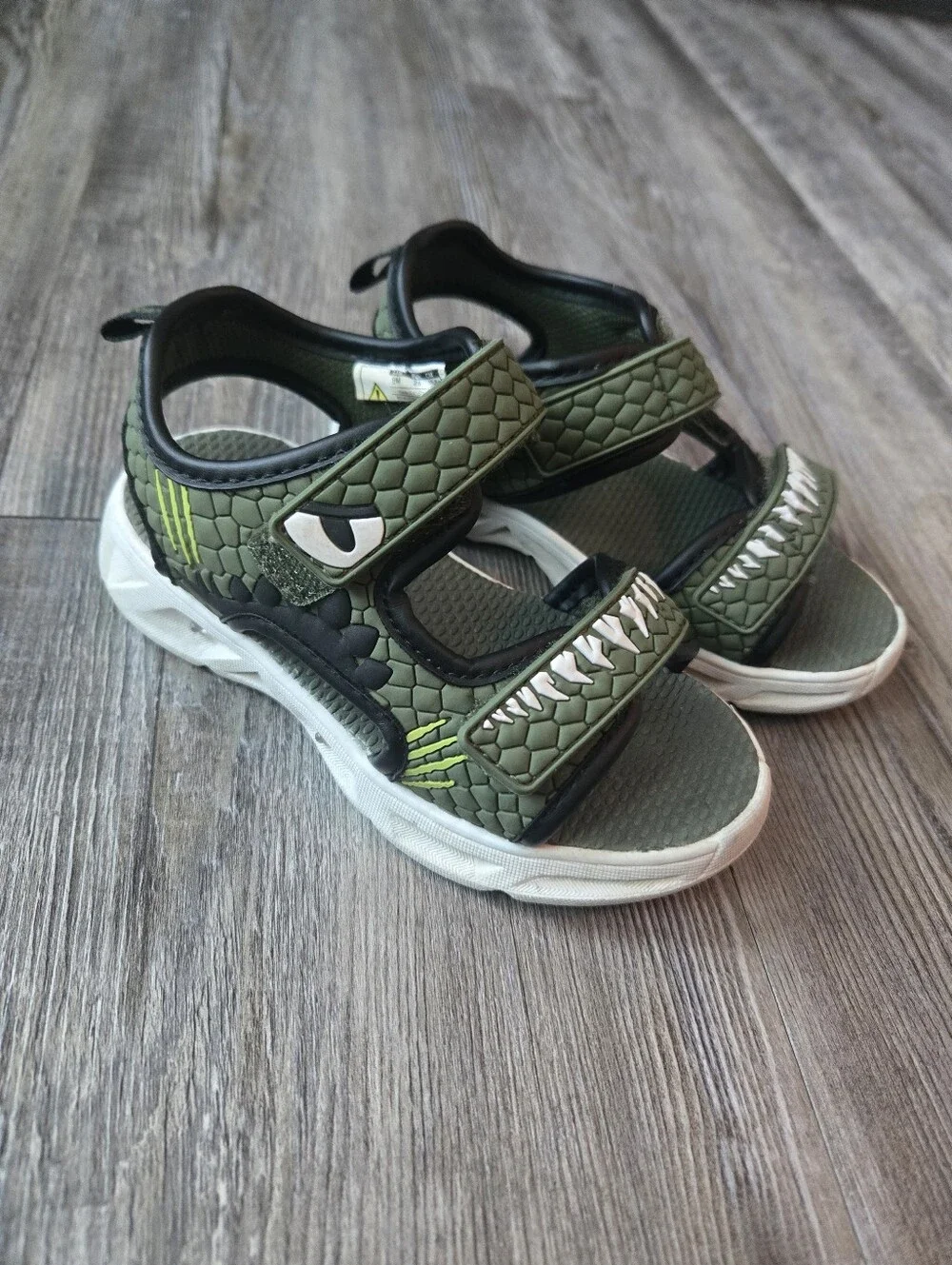 Boys Olive Green Open-Toe Sandals with Shark Tooth Accent